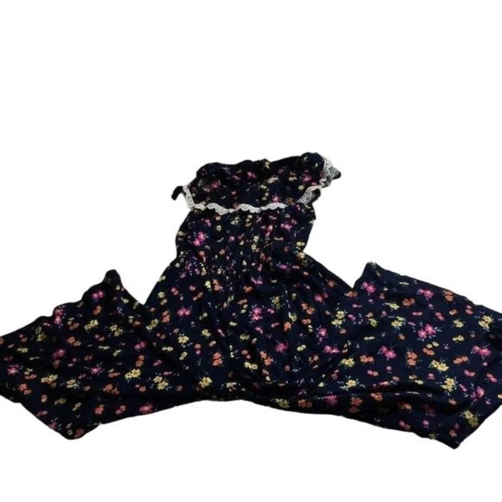 Heart & Arrow Girls Jumpsuit Romper Blue Floral Wide Leg Size 6X